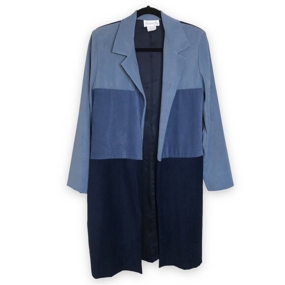 Vintage Pride and Joy Patchwork Faux Suede Duster Blue Jacket Women Size 10 - Picture 1 of 11